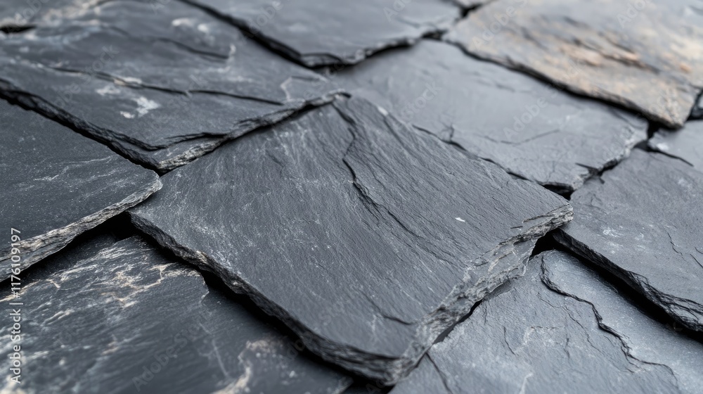 Poster Close-up of overlapping black slate tiles with a rich texture, creating a sleek and elegant surface pattern.
