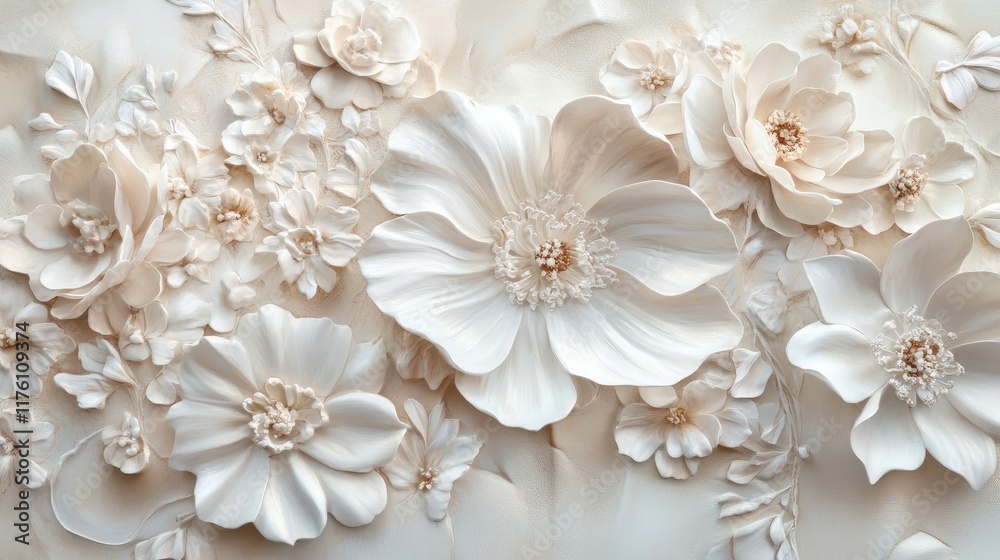 Poster Close-up of soft white and cream flowers artfully arranged, creating an elegant and serene composition on a light neutral backdrop.
