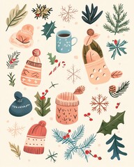 Christmas Seamless Vector Pattern Set with Icons: Gift, Tree, Snowman, Candy Cane, Santa, Bell, Candle, and more for Holiday Decoration
