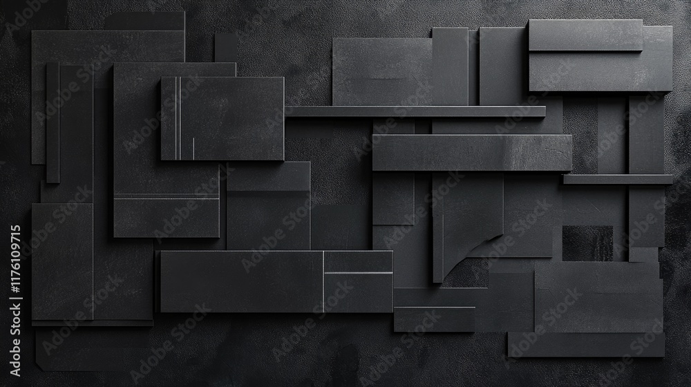 Poster Dark rectangular geometric shapes are strategically arranged on a black background, creating a sophisticated, minimalist design with a modern edge.