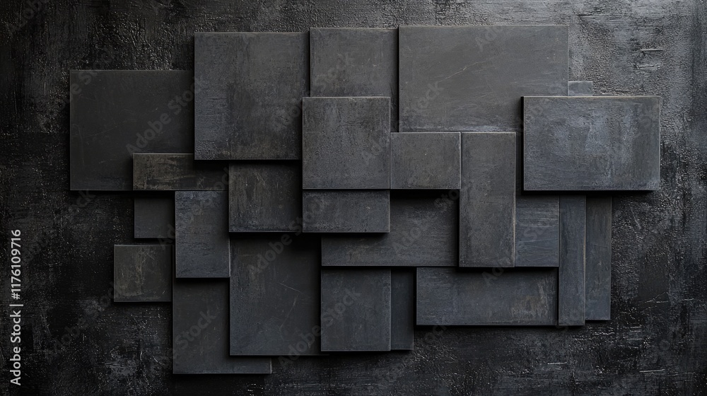 Aufkleber Dark rectangular geometric shapes are strategically arranged on a black background, creating a sophisticated, minimalist design with a modern edge.