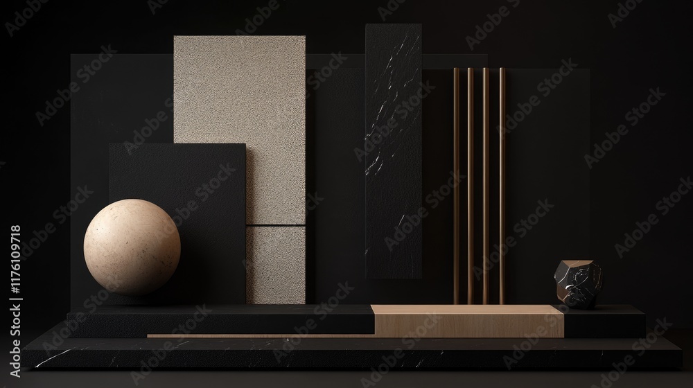 Poster Dark rectangular geometric shapes are strategically arranged on a black background, creating a sophisticated, minimalist design with a modern edge.