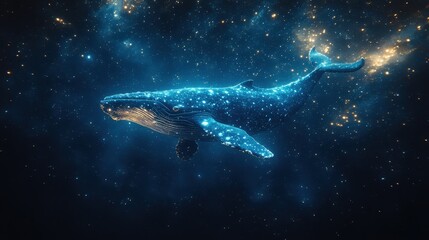 Fototapeta premium A Magical Nighttime Setting with a Blue Whale Emerging Under Bioluminescent Waters