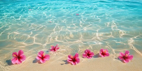 Obraz premium Serene Beach Scene Pink Hibiscus Flowers on Sandy Shore Crystal Clear Ocean Water