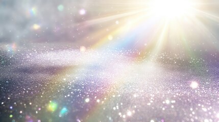 Dreamy rainbow sparkles glistening on a glittering surface, with bright light flares illuminating the scene, creating a magical, ethereal atmosphere.