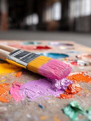 Obraz premium Paintbrush on artist's palette with various colors.
