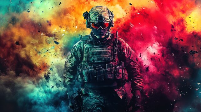 Soldier amidst colorful explosion effects.