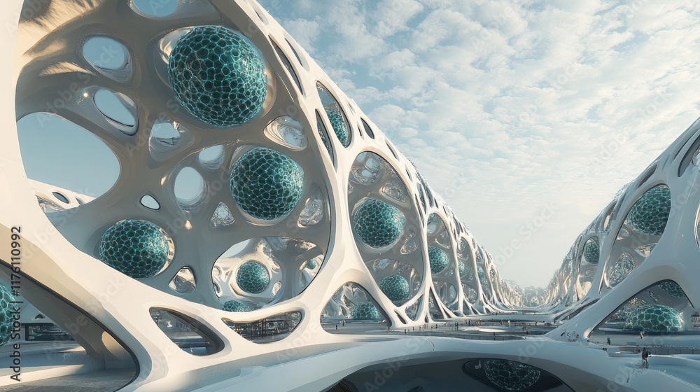 Poster Futuristic nanotechnology with spherical structures arranged in a complex network, highlighting the precision and scale of molecular design.