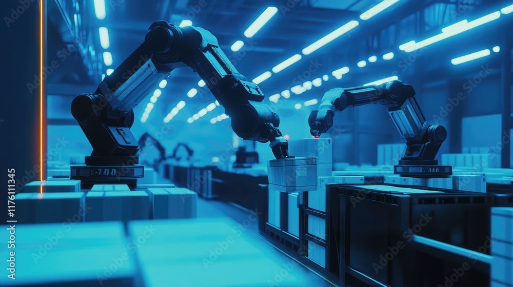 Poster high-tech robotic arms efficiently handling packages in a sleek, modern automated warehouse, illustr
