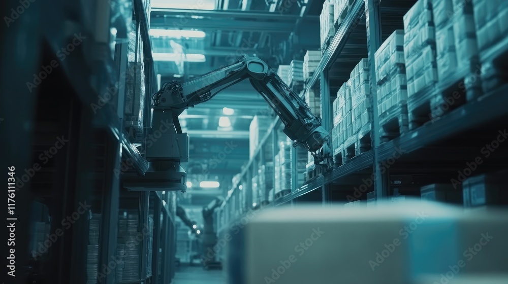 Poster high-tech robotic arms efficiently handling packages in a sleek, modern automated warehouse, illustr