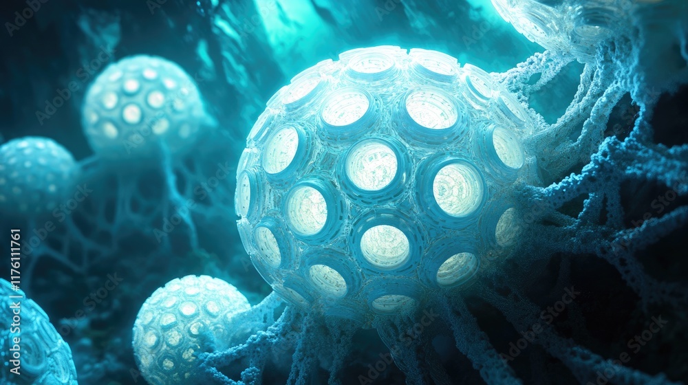 Poster molecular-scale spherical structures forming a futuristic nanotechnology network, glowing with high-