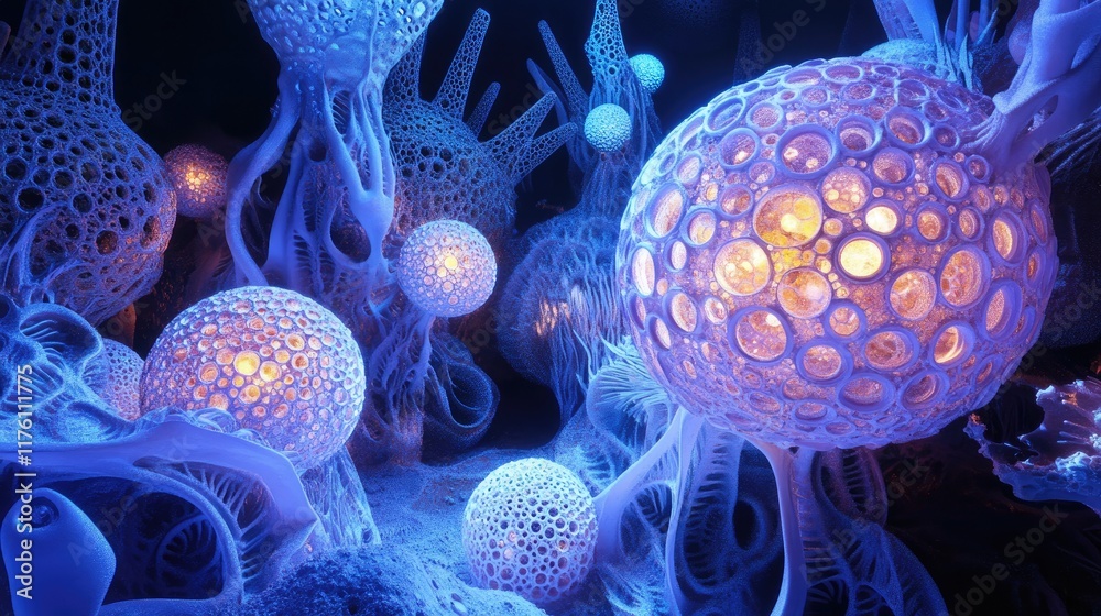 Poster Molecular-scale spherical structures forming a futuristic nanotechnology network, glowing with high-tech precision and intricate details