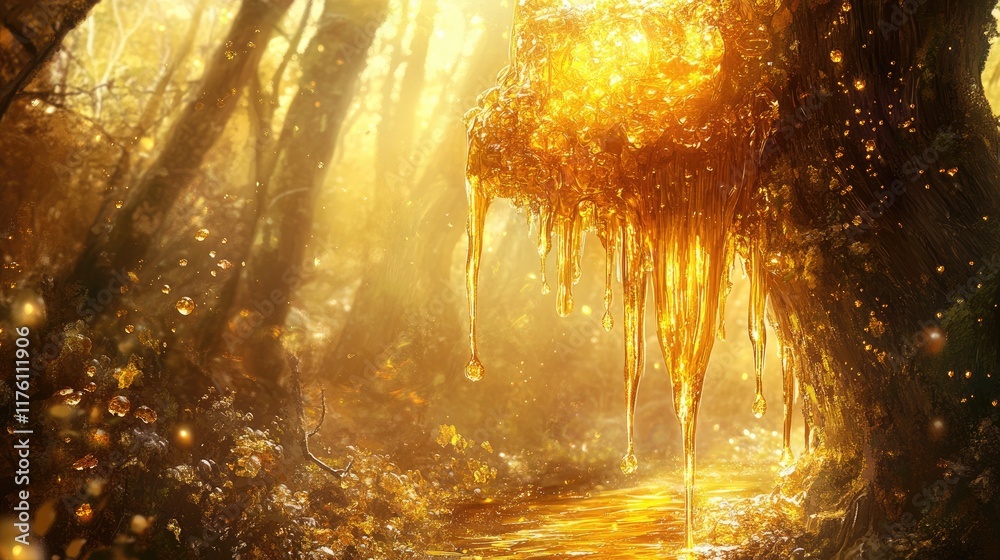 Poster Nature amber treasure: golden sap dripping from a tree in a sunlit forest, with soft sunlight filtering through the trees, creating an enchanting scene.