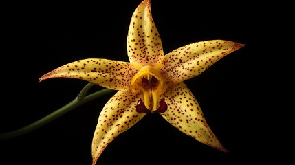 Stunning Yellow Orchid with Maroon Spots Against Black Background