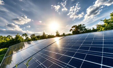 A close-up view of solar panels reflecting sunlight surrounded by lush greenery promoting sustainable energy innovative solar panel innovation power electricity energy technology panel renewable