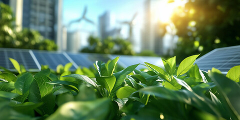 Obraz premium Sustainable city with solar panels and lush vegetation.