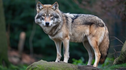 A wolf is standing on a rock in a forest
