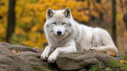 A white wolf is laying on a rock in a forest