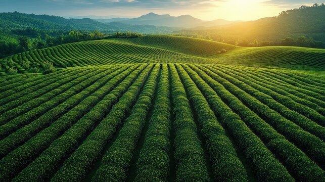 Lush green tea fields under a sunset, showcasing natural beauty and agricultural landscapes.