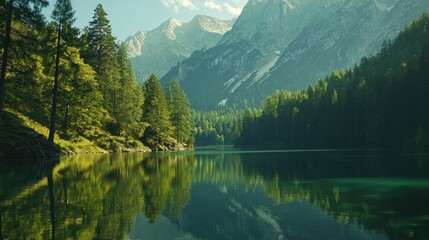 Naklejka premium Stunning landscape of Lake Braies, with vibrant green trees and majestic mountains reflecting on the tranquil waters.