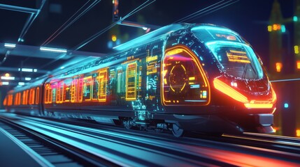 Obraz premium Futuristic Train with Glowing Neon Lights