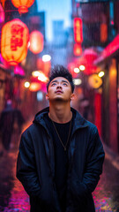 Obraz premium Young Asian man gazes up in a vibrant, rainy alley adorned with lanterns at night