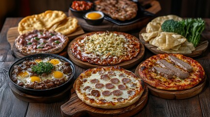 Fototapeta premium Assorted pizzas, appetizers, and grilled meat dishes on wooden platters.