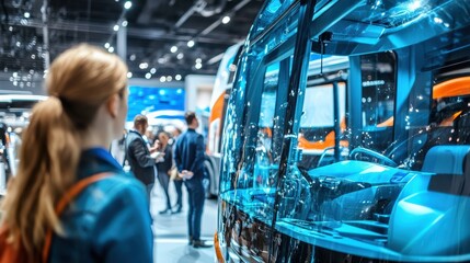 Woman Observing Modern Vehicle Display at Automotive Exhibition, Showroom Environment with Visitors and Bright Lighting
