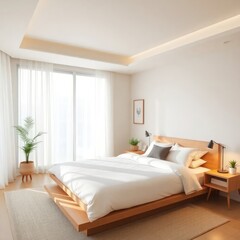 a serene and modern bedroom designed with a minimalist aesthetic. Bed. Tatami Mat. Natural Light. Flooring. Nightstand. Artwork. Greenery.

