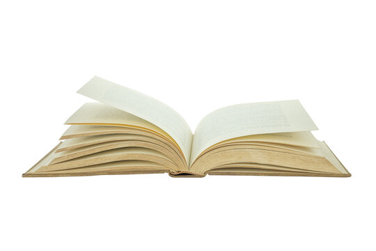 An old book is open isolated on white background with clipping path.