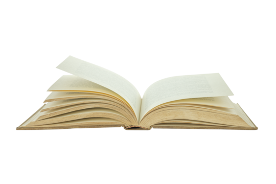 An old book is open isolated on white background with clipping path.