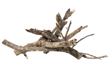 Dry wood pile isolated on white background with clipping path. Dry twigs pile ready for campfire, sticks, boughs heap for a fire, dry thin branches, brushwood.