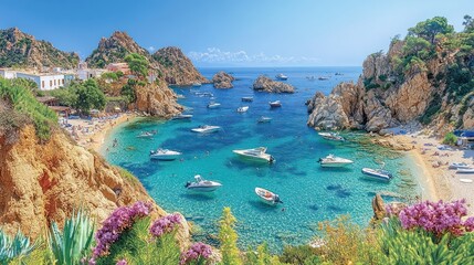 Obraz premium A serene beach scene with boats and rocky cliffs under a clear blue sky.