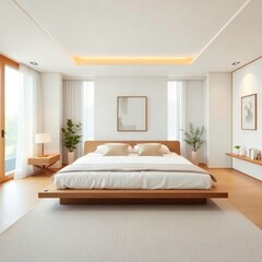 Fototapeta premium a serene and modern bedroom designed with a minimalist aesthetic. Bed. Tatami Mat. Natural Light. Flooring. Nightstand. Artwork. Greenery.