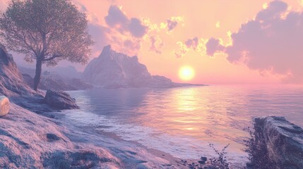 Serene coastal landscape at sunset, featuring a tranquil sea reflecting soft pastel hues of pink, purple, and orange. A solitary tree stands nearby on rocky terrain, with distant cliffs and mountains 