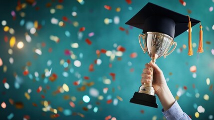 A student's hand holds a trophy and wears a graduation cap, celebrating their academic success with confetti in the background