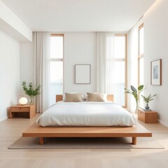 a serene and modern bedroom designed with a minimalist aesthetic. Bed. Tatami Mat. Natural Light. Flooring. Nightstand. Artwork. Greenery.

