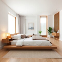 a serene and modern bedroom designed with a minimalist aesthetic. Bed. Tatami Mat. Natural Light. Flooring. Nightstand. Artwork. Greenery.

