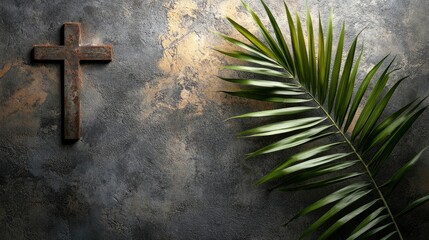 Lent season, Holy week and Good friday concept. Palm leave and cross on stone background 