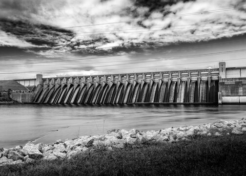 J Strom Thurmond Dam also known as Clarks Hill Dam in Black and White