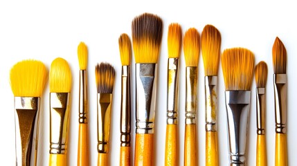 Fototapeta premium A Collection Of Golden Paint Brushes On White