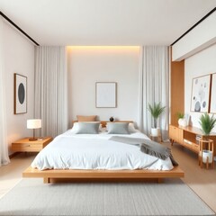 Fototapeta premium a serene and modern bedroom designed with a minimalist aesthetic. Bed. Tatami Mat. Natural Light. Flooring. Nightstand. Artwork. Greenery.