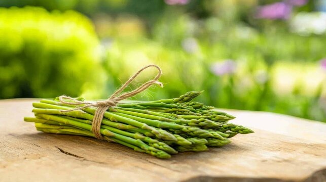 Freshly harvested asparagus tied with natural twine rests on a wooden surface amidst a vibrant garden backdrop - Powered by Adobe