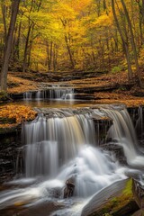 Cascading waterfall surrounded by vibrant autumn foliage in a serene forest setting