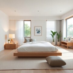 Fototapeta premium a serene and modern bedroom designed with a minimalist aesthetic. Bed. Tatami Mat. Natural Light. Flooring. Nightstand. Artwork. Greenery.