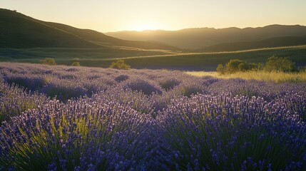 Scenic landscape featuring a vast field of blooming lavender with vibrant purple flowers swaying gently in the breeze. The field stretches into the distance, illuminated by the soft glow of a sunset, 