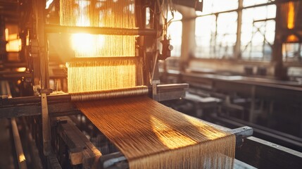 Captivating Close-Up of a Traditional Loom Operating in Golden Sunlight with Textile Threads Flowing in a Historic Factory Setting