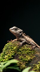 Fototapeta premium Close-up of a lizard on a mossy log in a forest setting.