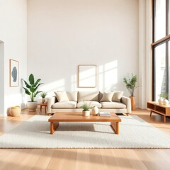 a bright and contemporary living room that emphasizes simplicity and comfort. Sofa. Coffee Table. Lighting. Rug.  Decorative Plants. Artwork. Accent Chair


