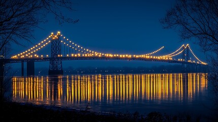 Illuminated bridge at night, river reflection, winter trees.  Website banner, travel brochure